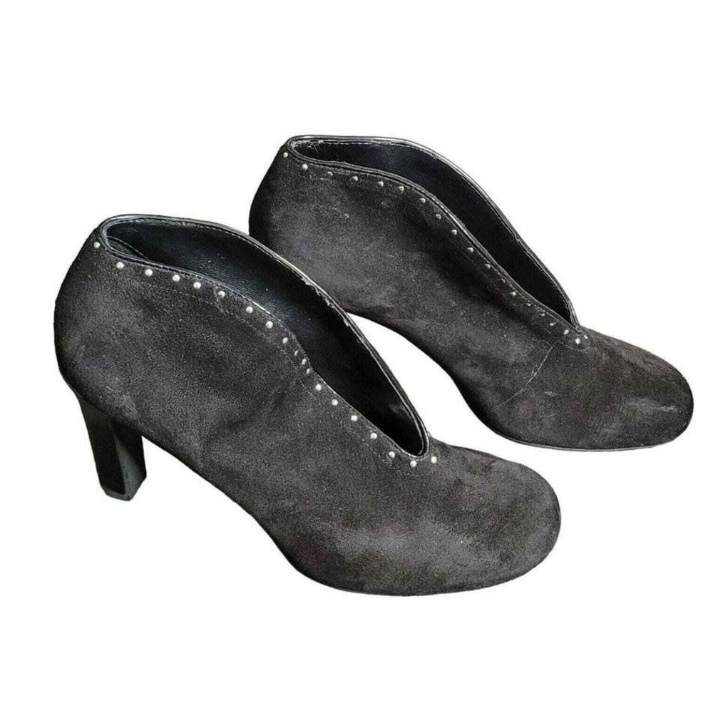 Franco Sarto Peace Black‎ Booties 7.5M Suede Heels Round Toe Winter Stiletto - Picture 2 of 5